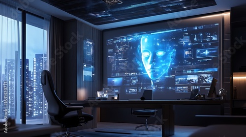 Futuristic office with large screen displaying an ai face and city view