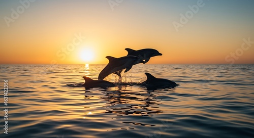 Sonnenuntergang Delfine springen elegant Meerwasser. AI Generated