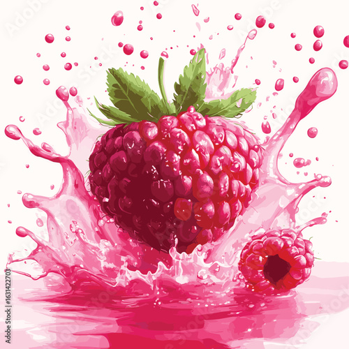 Raspberry fruit with juice splash. Vector, vector style simple color