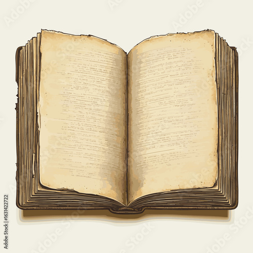 Old open book spread with blank paper pages and bookmark
