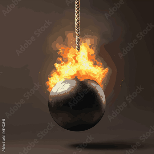 Black bomb with burning rope fuse. Realistic isolated. Vector, vector style simple color