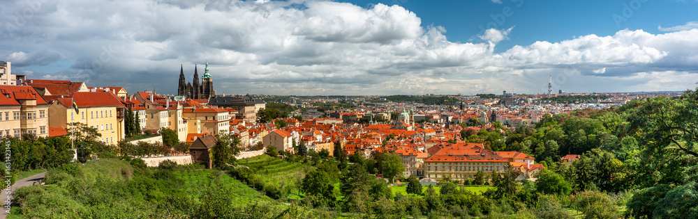Prague city skyline panorama from Petrin Garden orchards Czechia Prague city skyline panorama from Petrin Garden orchards Czechia