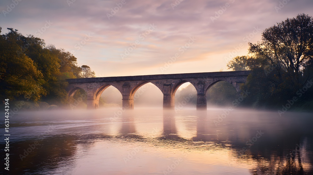 Fototapeta premium Ancient stone arch bridge at sunrise