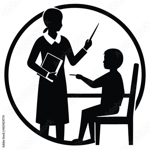 Teacher and students in classroom silhouette learning illustration, Silhouettes of teachers and students in classroom scenes, multiple education concepts with children and instructors, vector.