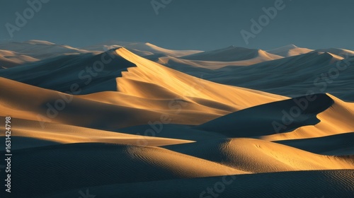 Sweeping view of golden sand dunes under a blue sky