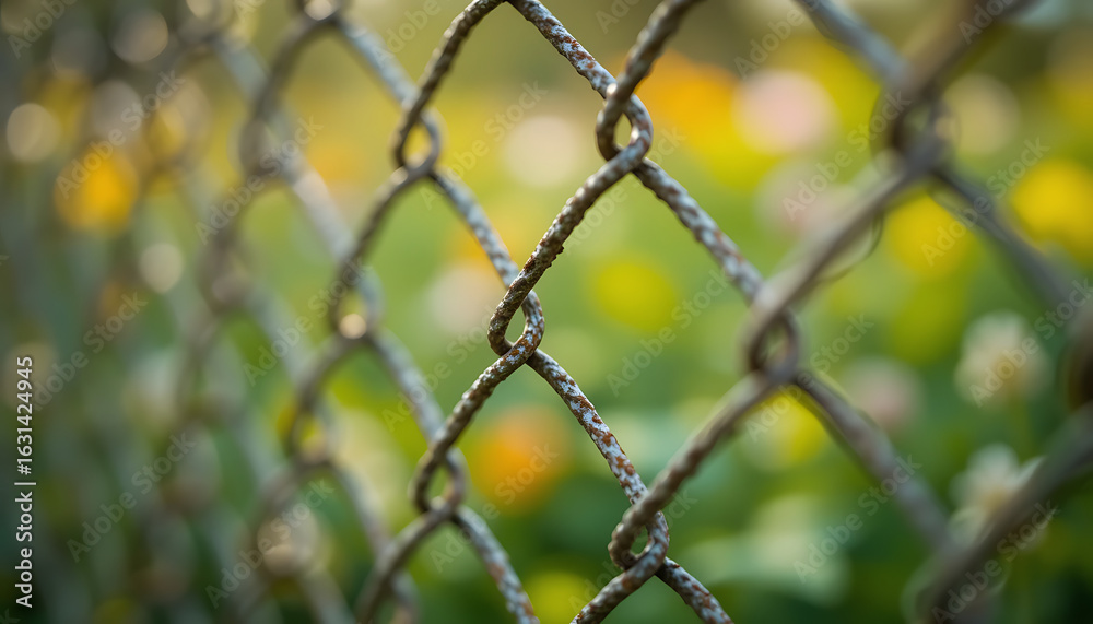 Fototapeta premium Chain Link Fence: Blurred Spring Flowers