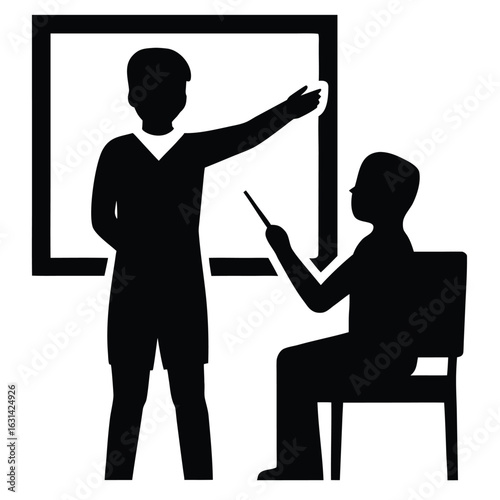 Teacher and students in classroom silhouette learning illustration, Silhouettes of teachers and students in classroom scenes, multiple education concepts with children and instructors, vector.