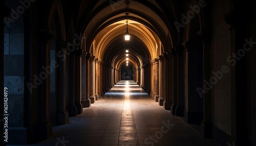 Empty arched hallway with light with historic architecture, perspective, and building interior.