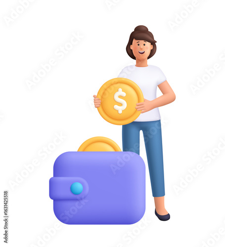 Young woman Jane holds a gold coin and puts coin into wallet. Saving money, personal finance, budget, income and digital wallet concept. 3d vector people character. Cartoon minimal style.