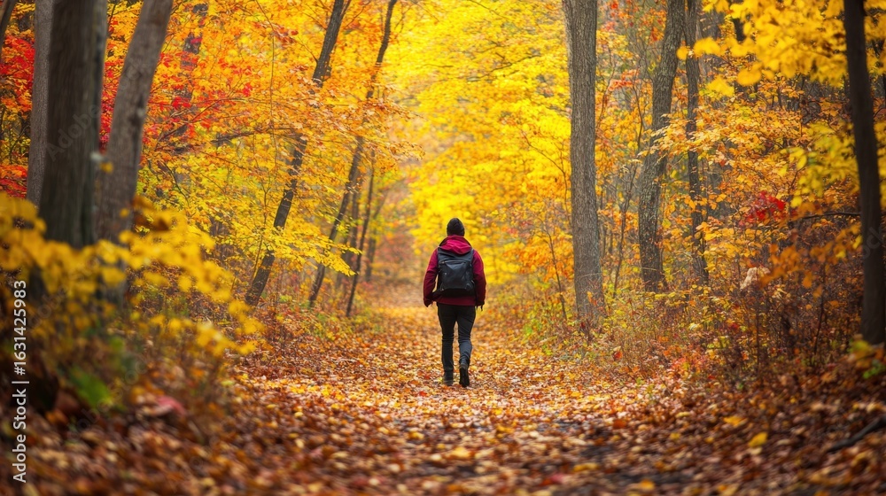 Fototapeta premium Person takes a walk on a trail through colorful autumn forest
