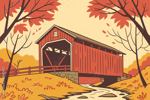 A bright red covered bridge over a small creek near Princeton, Illinois, surrounded by fall leaves.
