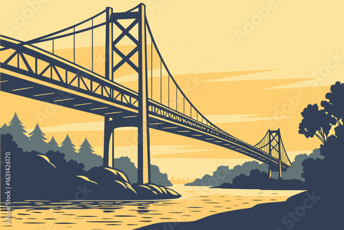 A cable-stayed bridge spans the Sacramento River in Redding, California, its sleek design glowing at sunset.