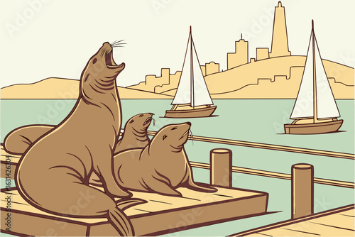 A cluster of sea lions lounges on the docks at Pier 39 in San Francisco, California, barking and sunbathing beside the Bay.
