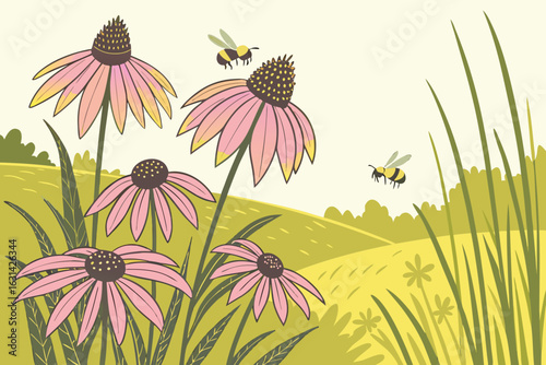 A colorful Illinois prairie in full summer bloom with purple coneflowers, black-eyed Susans, and buzzing bees.