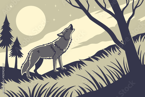 A coyote howling on a moonlit night near Rock Cut State Park in Illinois.