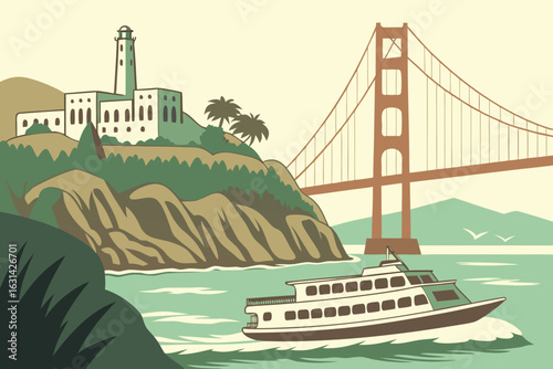 A ferry glides across San Francisco Bay, California, past Alcatraz Island and beneath the towering Golden Gate Bridge.