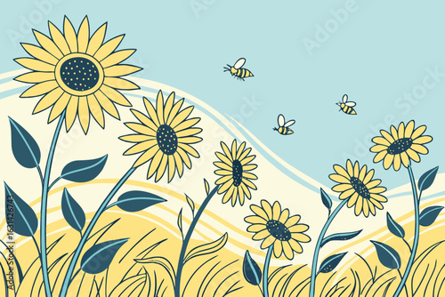 A field of sunflowers in full bloom near Carbondale, Illinois, with bees buzzing and a bright blue sky overhead.