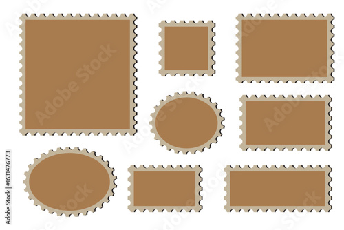 Post stamp frame and border. Grey square and rectangular template for mail, postcard, letter. Jagged wavy edge forms. Vintage objects for poster, banner, badge, stick