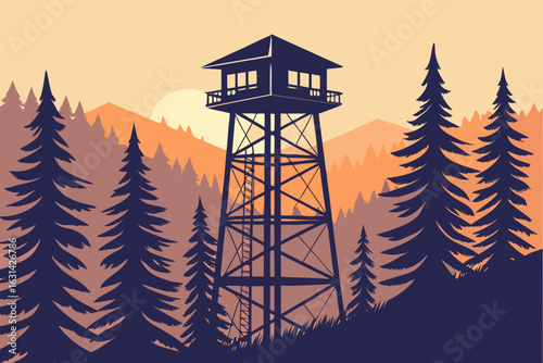 A fire lookout tower in the Shasta-Trinity Forest, California, stands against an orange twilight sky during fire season.