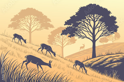 A herd of white-tailed deer grazing at dusk in the prairies of Illinois' Moraine Hills State Park.