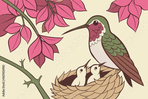 A hummingbird nest in San Diego, California, cradles two tiny chicks as the mother hovers with iridescent wings beside a blooming bougainvillea.