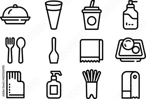Simple Black Line Icons Representing Disposable Restaurant Utensils and Supplies