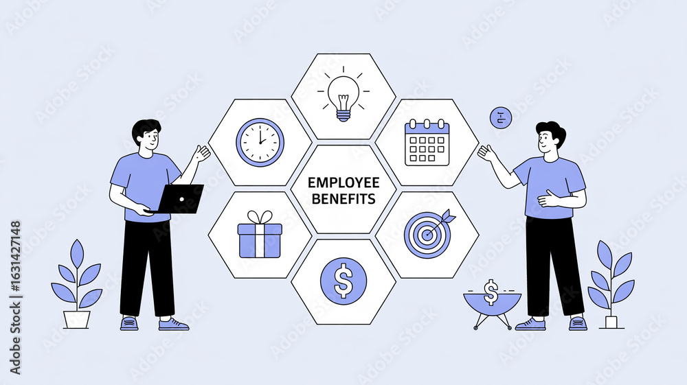 Naklejka premium explore the world of employee benefits! discover compensation strategies, perks, and total rewards. learn about time management, financial wellness, and career development. enhance your workplace cult