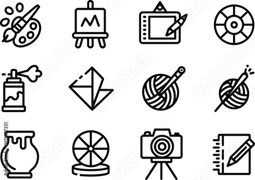 Collection of Black Line Art Creative Hobby Icons