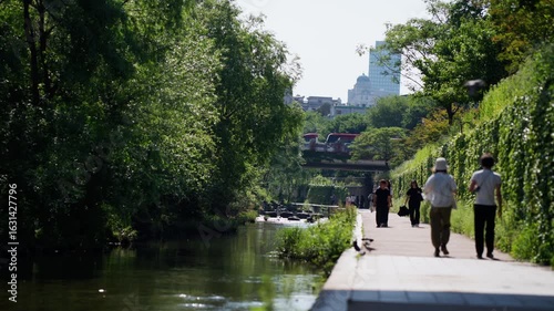 People Walking Along a Scenic Path by a River in a Lush Green Park — South Korea, Seoul, Cheonggyecheon, downtown, city