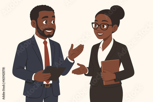 African American business professionals meeting dialogue conversation teamwork collaboration corporate workplace discussion planning vector illustration diverse office