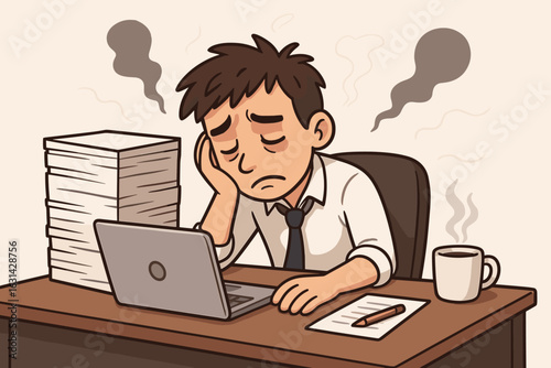 Burnout depression office worker man stressed tired overwork workplace pressure mental health exhaustion employee wellbeing corporate stress vector cartoon illustration
