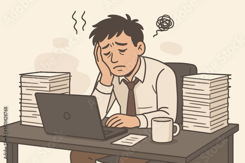 Burnout depression stressed office worker businessman overwork pressure workplace mental health exhausted tired overwhelmed vector cartoon illustration