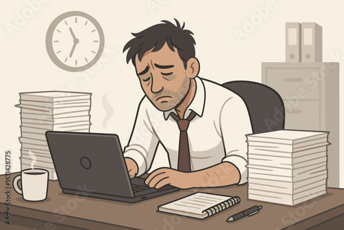 Burnout depression exhausted office worker man tired from overwork workplace stress pressure mental health business concept vector illustration cartoon