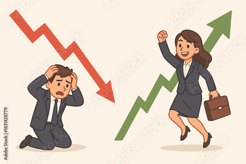 Business competition success failure concept. Corporate people winner loser arrows up down. Profit loss performance growth decline achievement vector illustration