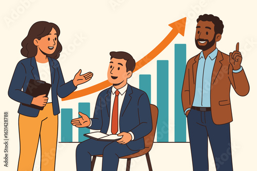 Business growth success team strategy meeting presentation bar chart upward arrow profit finance teamwork corporate achievement analytics data visualization professionals cartoon vector