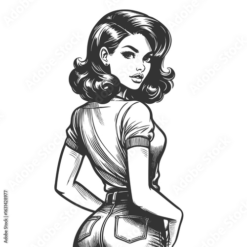 pin-up style woman turning back, wearing a tight shirt and high-waisted jeans with attitude sketch engraving generative ai fictional character vector illustration. Scratch board. Black and white.