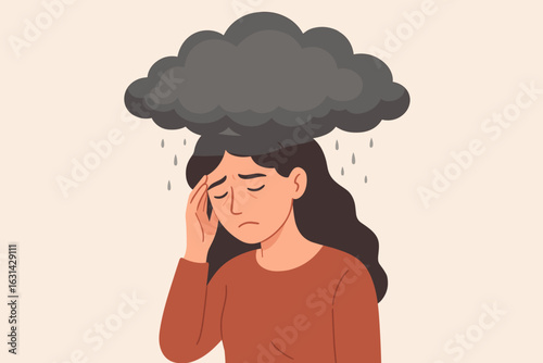 Depression brain fog concept. Sad woman with storm cloud mind suffering mental health problems. Burnout stress anxiety metaphor vector illustration