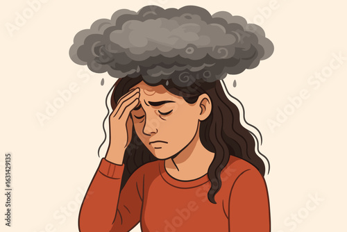 Depression brain fog mental health woman stressed clouded mind psychology burnout anxiety metaphor dark storm cloud above head vector illustration female suffering