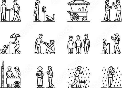 Simple Line Art Illustrations of Everyday Interactions in Public Places