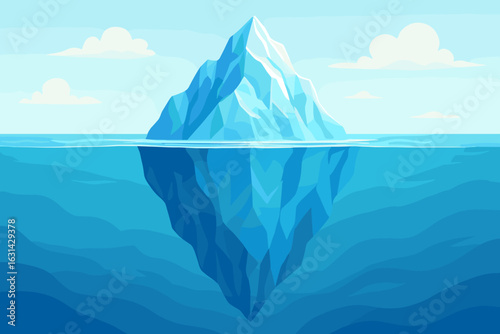 Iceberg in ocean vector illustration. Business metaphor concept tip of iceberg. Sea landscape cold blue ice mountain above and underwater. Hidden danger symbol