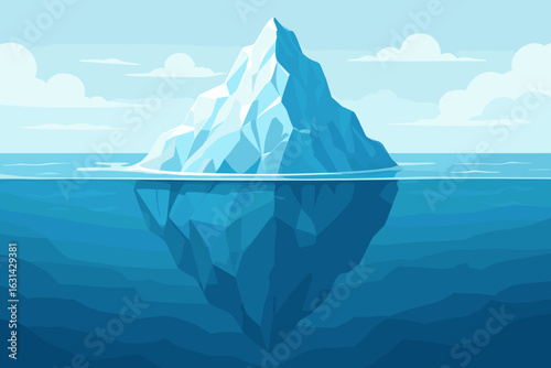 Iceberg floating ocean sea water. Arctic ice mountain glacier cold frozen. Above underwater view. Vector illustration metaphor concept. Marine aquatic landscape blue