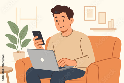 Remote work from home concept. Man multitasking with laptop computer and smartphone on sofa. Freelancer working online in living room. Digital lifestyle vector