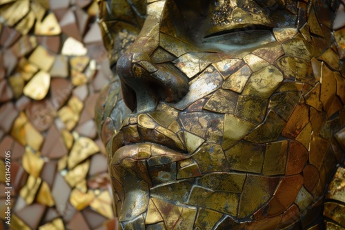 Golden Mosaic Face Sculpture Artwork Artistic Expression Decorative Tile Design Fine Art Collectible Museum Piece