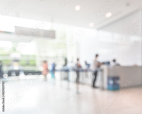 Business office lobby blur background of bank reception hall customer or patient counter service and cashier desk inside blurry hospital, office or hotel waiting hall