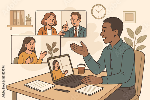 Remote work video conference call business meeting online virtual collaboration teleconference webinar home office digital communication team workspace vector