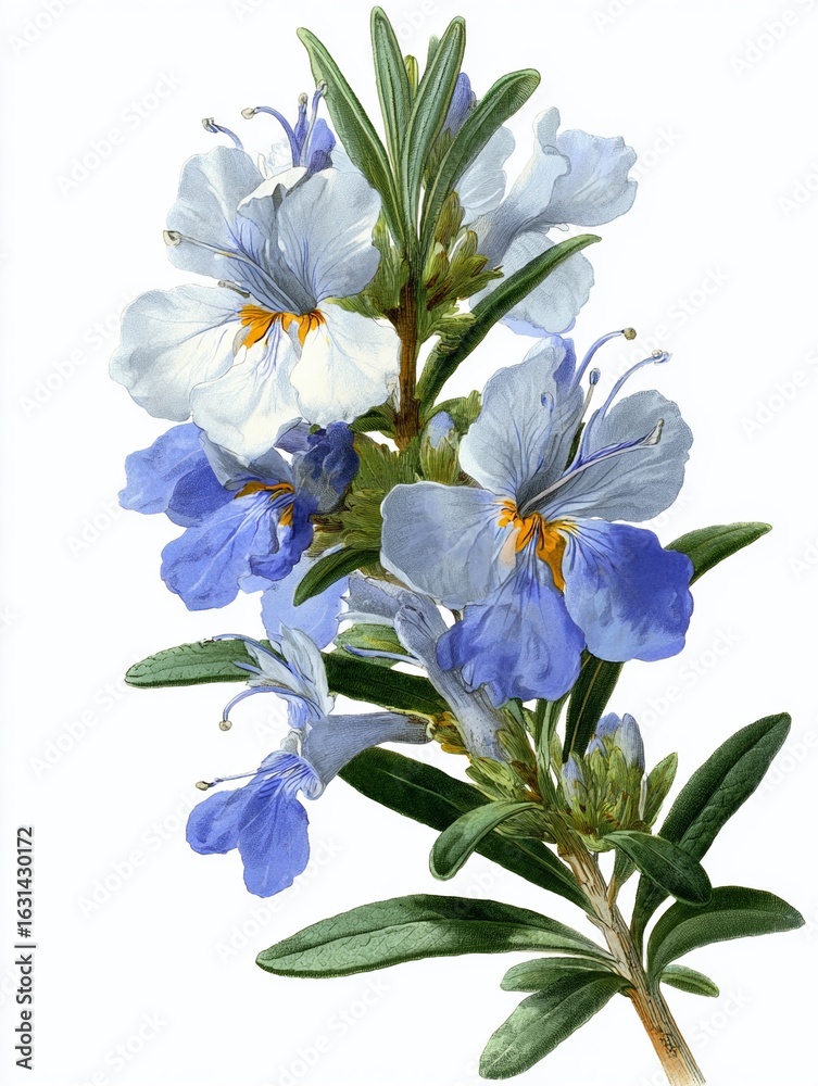 Fototapeta premium Detailed Botanical Illustration of a Blossoming Rosemary Plant A Study in Floral Delicacy and Horticultural Detail