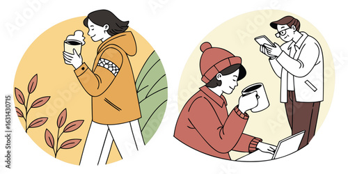 Take a break. Vector illustrations of people enjoying free time, drinking coffee, daily routine, invitation to hang out, for social media stickers and posts, marketing, restaurants and coffee bars. 
