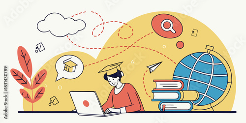 Distance education, online learning.. Creative vector illustration for web banner, social media, business presentation, marketing material. Back to school.