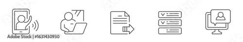 Work from home line icon set. Included icons as self quarantine, stay home, working, online, video conference, office and more.