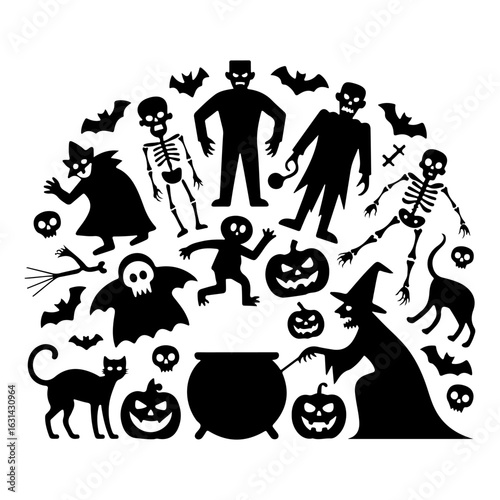 Black and white cartoon silhouettes of musicians with Halloween themed icons and symbols